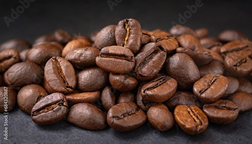Freshly roasted coffee beans close up on a dark background © Marko