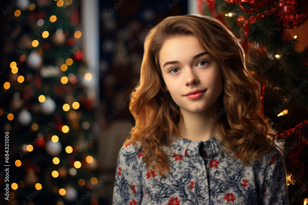 young lady smiling against the background of a Christmas tree young lady smiling against the background of a Christmas tree