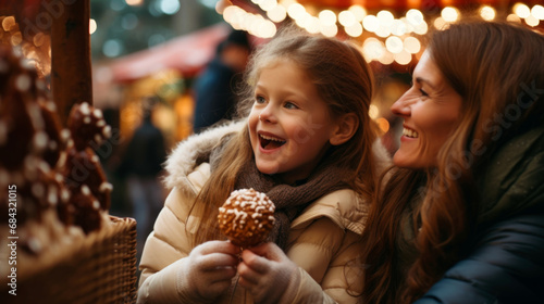 mother and daughter in winter. girl with christmas sweets . Christmas market.  