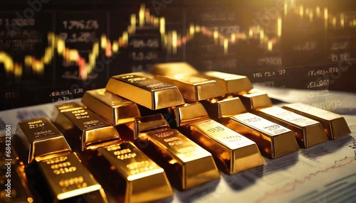 Gold price throughout stock Gold bars placed on top of stocks and stock charts photo