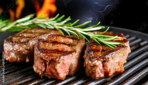  Grilled beef steaks with rosemary on the barbecue grill
