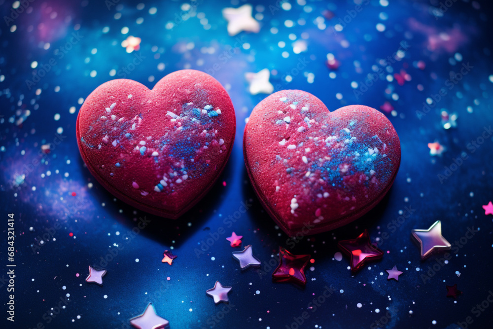 Fototapeta premium sweets galaxy for valentine's day, lots of blue and purple heart shaped decorations in space, in the style of selective focus, marble, cosmic landscapes, pink and azure, bubble goth, chalky, dark pink