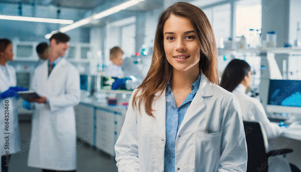 beautiful female scientist standing in white coat and glasses in modern medical science laboratory beautiful female scientist standing in white coat and glasses in modern medical science laboratory