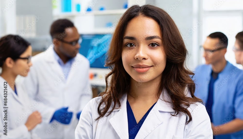 beautiful female scientist standing in white coat and glasses in modern medical science laboratory beautiful female scientist standing in white coat and glasses in modern medical science laboratory
