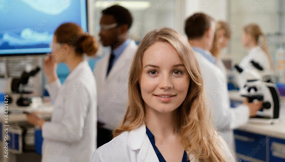 beautiful female scientist standing in white coat and glasses in modern medical science laboratory 