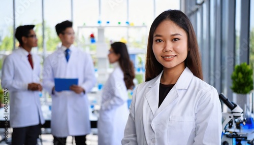 beautiful female scientist standing in white coat and glasses in modern medical science laboratory 