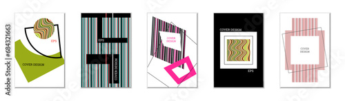 Geometric cover design, set of 5 covers. Abstract unusual background in Memphis style. Bright geometric shapes in random order