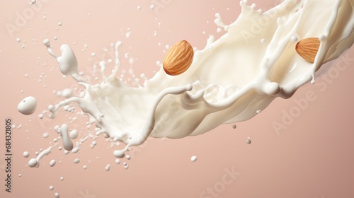 floating almond on milk splash ,motion freez ,with pink background 