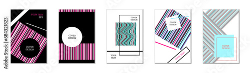 Geometric cover design, set of 5 covers. Abstract unusual background in Memphis style. Bright geometric shapes in random order