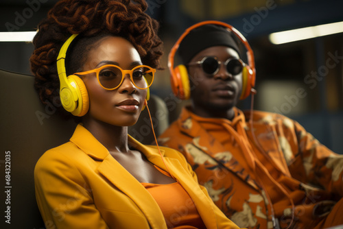 A dark-skinned guy and a girl in headphones listen to music