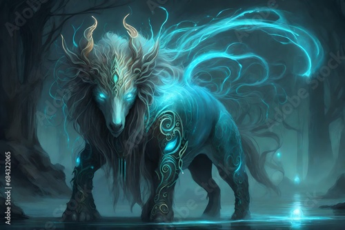 Fantasy creature with a bioluminescent mane -