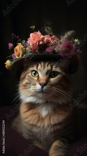 A cat in a hat made of flowers. AI Generated