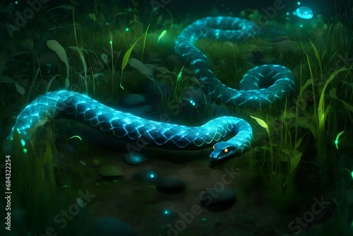 Bioluminescent snake slithering through the grass