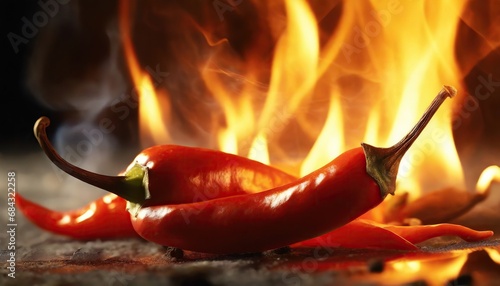 Red hot chilli peppers on fire burning on dark background 