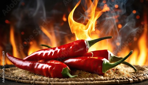 Red hot chilli peppers on fire burning on dark background 