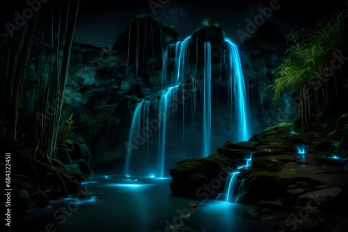 glowing waterfall at night