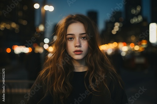 nighttime walk. young caucasian pretty girl walking at city at night.
