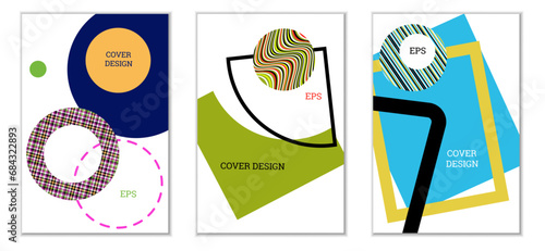 Geometric cover design, set of 3 covers. Abstract unusual background in Memphis style. Bright geometric shapes in random order