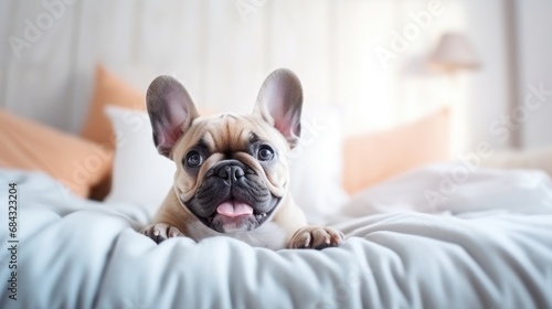 cute happy french bulldog on the bed,look at the camera