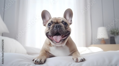 cute happy french bulldog on the bed,look at the camera © Maryna