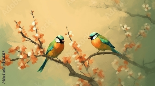 Birds on a flowering tree branch. AI Generated ©  iiulia