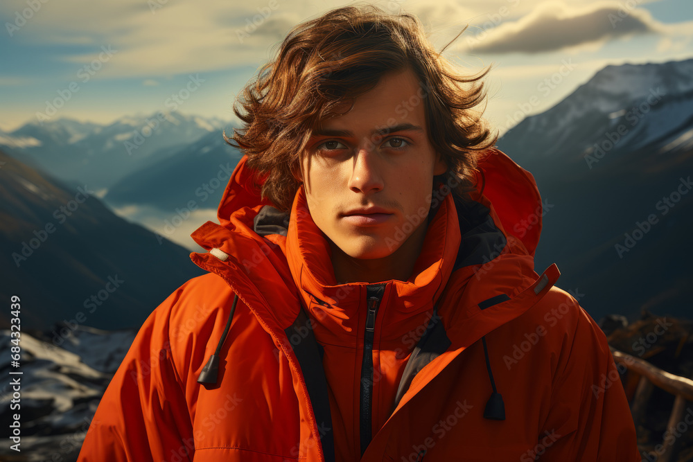 A young man in a red jacket against a background of mountains.