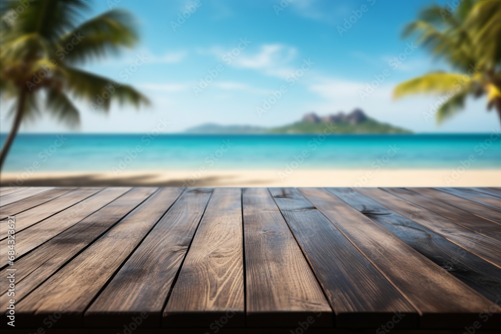 Wooden Black Table Top on Blurred Tropical Beach - Ideal for Display or Montage - Product Showcase Wooden Black Table Top on Blurred Tropical Beach - Ideal for Display or Montage - Product Showcase