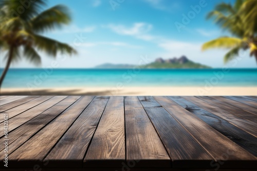 Wooden Black Table Top on Blurred Tropical Beach - Ideal for Display or Montage - Product Showcase