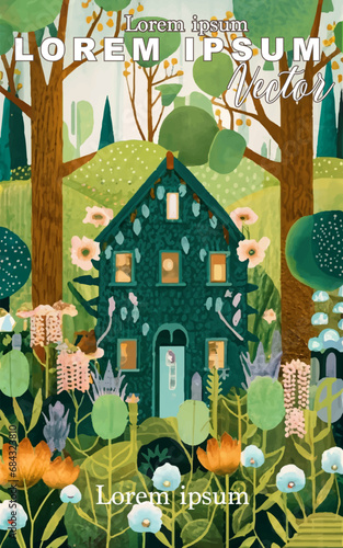 Illustration of a Tranquil Home: Trees and Flowers in Painting Style for Book Cover and Corporate Media – Vector Illustration