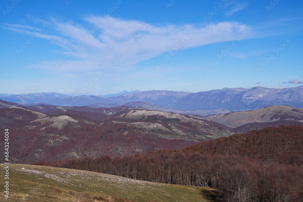Panoramic view the Apennines from the peak of Monte Autore, Monti Simbruini Natural Regional Park, Italy
