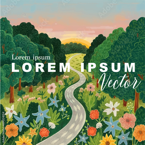 Illustration of a Road: Trees and Flowers in Painting Style for Book Cover and Corporate Media – Vector Illustration