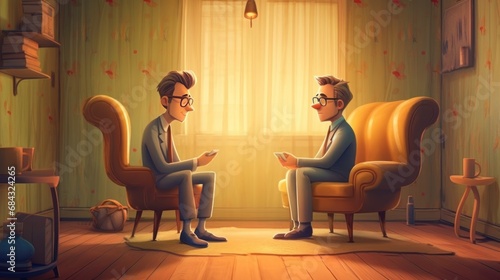 Psychotherapist or psychotherapist working with young man. Mental health, psychotherapy concept. Cartoon style. photo