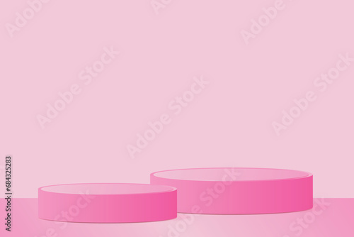 3d pink podiums in pink studio room. Realistic vector 3d cylinder podium pedestal, two stages with horizontal shape background, eps 10.