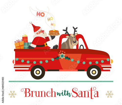 Brunch with Santa Fancy Festive vector flat poster. Cute Santa deliver pancakes in red truck. Fun breakfast Christmas kids enjoy. New Year eve festive menu invitation background cartoon illustration