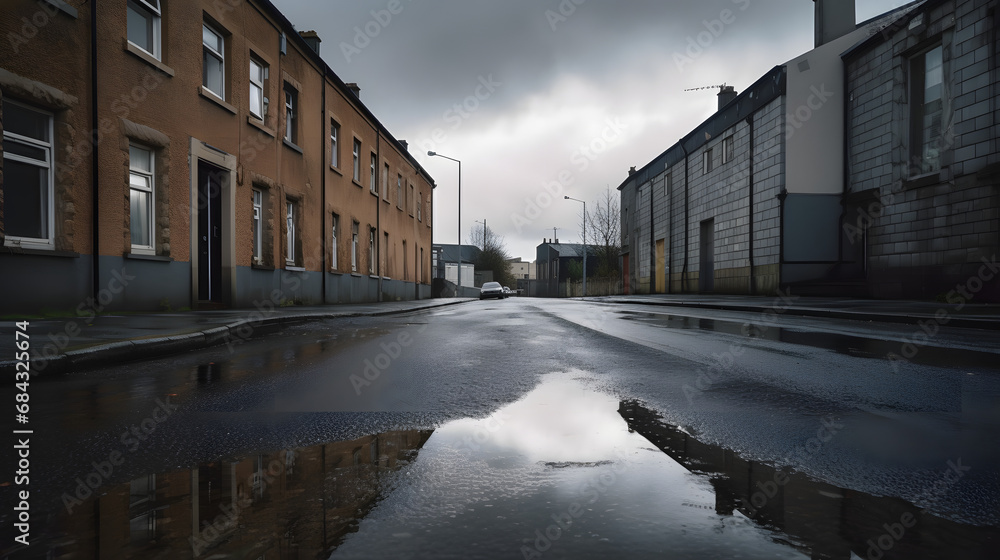 Post-Rainfall Glimmer on Suburban Street at DawnAI generativ Post-Rainfall Glimmer on Suburban Street at DawnAI generativ