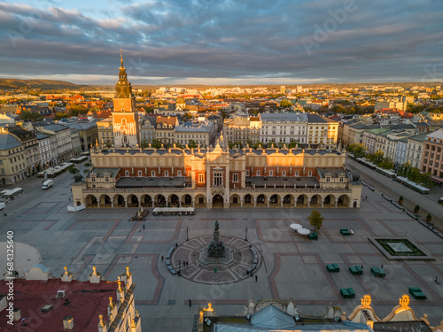 Cloth Hall on the Main Square in Krakow, Poland, aerial photo in the morning