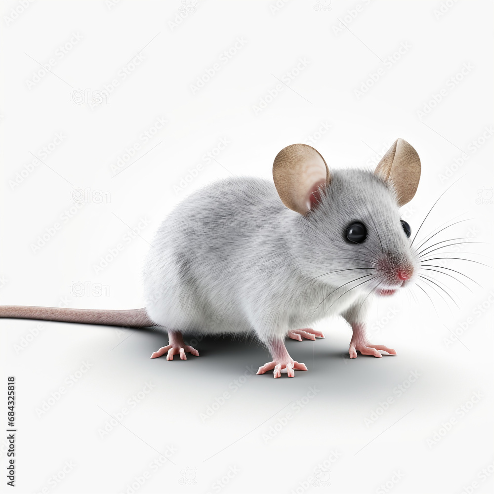gray cute mouse, realistic, white background