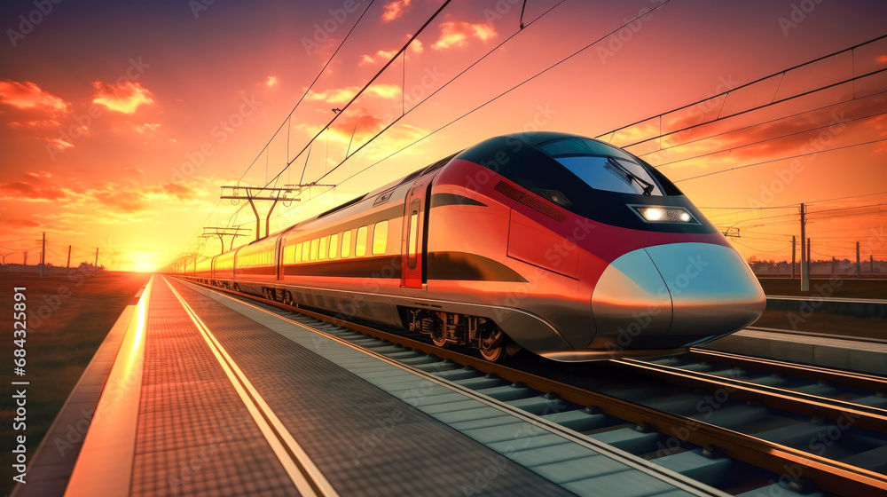 Naklejka premium Modern high-speed train on the railroad at sunset. Shallow depth of field