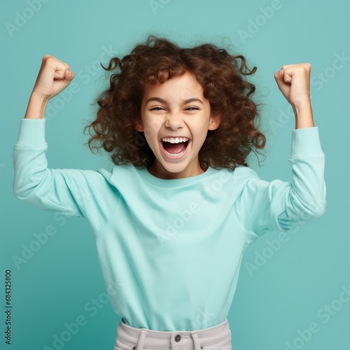 Overjoyed Girl Celebrating with Raised Fists in Aquamarine Background generative ai