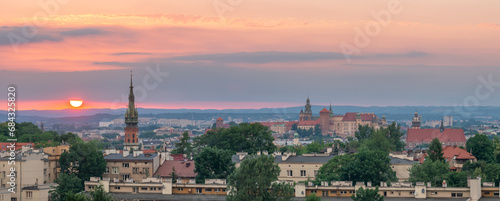 Krakow old town panorama at sunset, view from Krakus Mound on Krzemionki hill