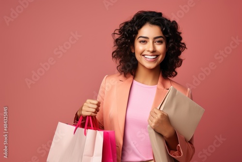 Positive Indian Lady in Pink Blouse Greets Shoppers generative ai