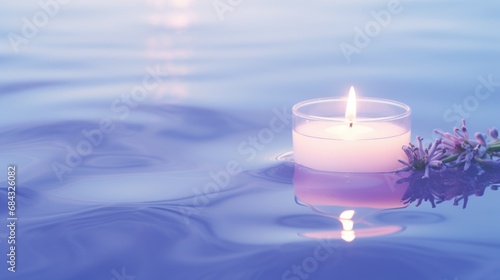 SPA  Zen  white candle in water  lavender gradient effect  transparent  bright colors  minimalist composition  ultra wide Angle photography  depth of field photography 