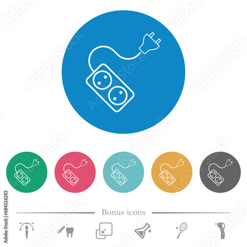 Portable electrical outlet with two sockets and extension cord and plug outline flat round icons photo