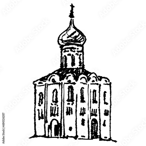Church of the Intercession on the Nerl. Old Russian Orthodox architecture. Hand drawn linear doodle rough sketch. Black and white silhouette. photo