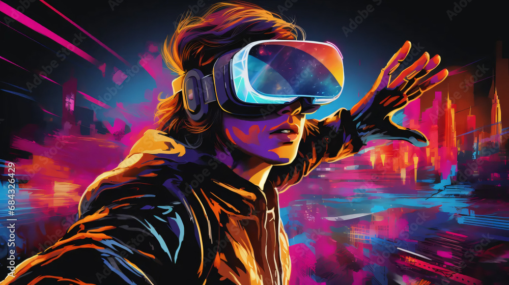person wearing a virtual reality headset in a futuristic city, retro, neon theme person wearing a virtual reality headset in a futuristic city, retro, neon theme