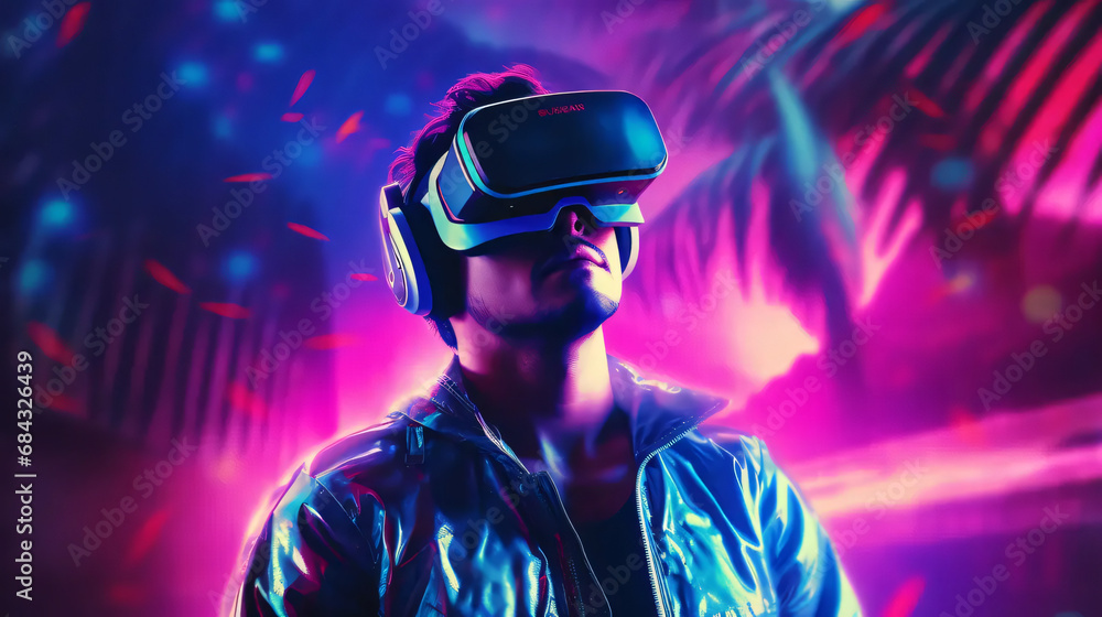 person wearing a virtual reality headset in a futuristic city, retro, neon theme person wearing a virtual reality headset in a futuristic city, retro, neon theme