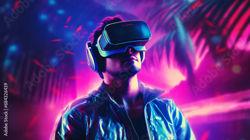 person wearing a virtual reality headset in a futuristic city, retro, neon theme © Artistic Visions