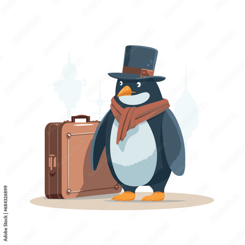 Obraz premium Penguin with suitcase hat and scarf isolated on white background, vector