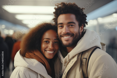 Beautiful African American Couple Meets at the Boarding Lounge. Smiling Girlfriend Meets Her Boyfriend after Long Parting. Airport Terminal. Vacation concetp photo