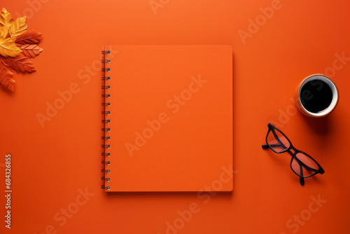 Blank notepad glasses and cup of coffee tea on minimal orange background above head view. Office stationary concept photo